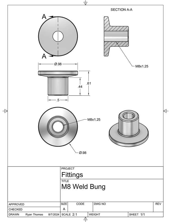 M8x1.25 Threaded Aluminum Weld Fitting